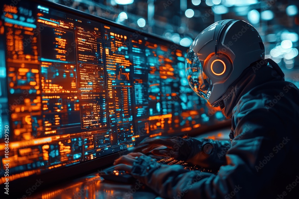 Poster Astronaut in futuristic helmet working at a computer with glowing data streams