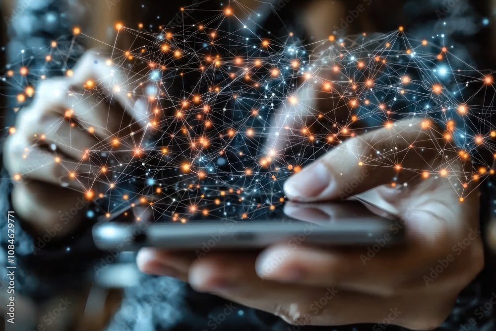 Aufkleber hand interacting with a digital network on a smartphone
