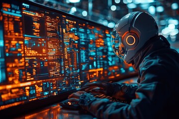 Astronaut in futuristic helmet working at a computer with glowing data streams