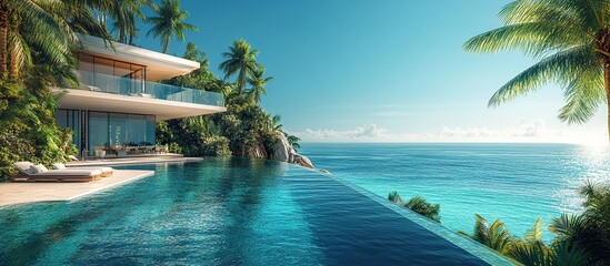 Obraz premium Luxurious infinity pool overlooking a vibrant ocean and lush greenery.