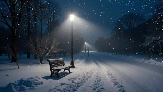 Snow-covered park pathway with a bench and streetlights at night, serene winter scene with snowfall