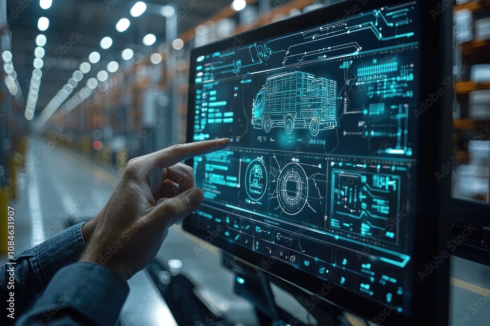 Poster A Man's Hand Interacting with a Futuristic Interface Displaying a Truck with Cargo Containers