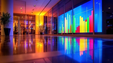 Colorful bar graph displayed on a large screen in a modern office building lobby.