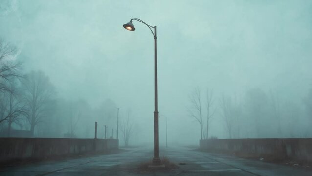 Lonely lamppost on a foggy street, mysterious atmosphere and desolate landscape