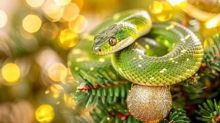 Fototapeta premium Green Tree Python on Christmas Tree with Festive Golden Bokeh Background and Copy Space