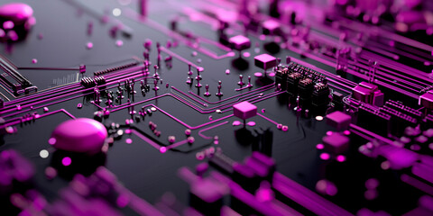 Global network, representing digital connections with interconnected circuits and nodes, symbolizing global communication and modern technological connectivity. Background. Purple. 