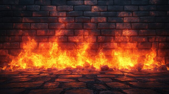 a brick wall with flames on it