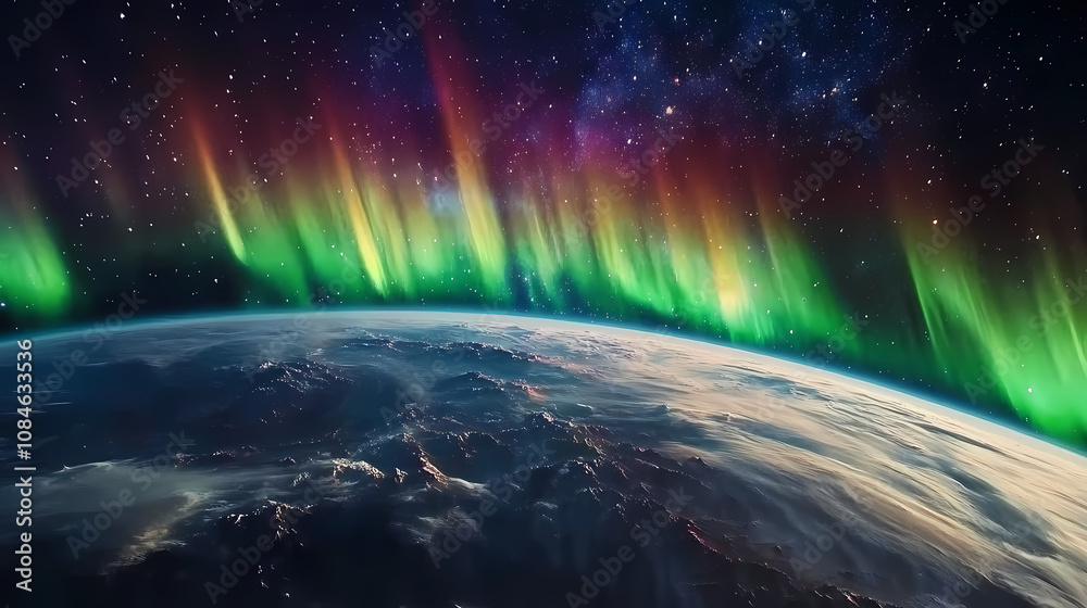 Wall mural mesmerizing view of the aurora borealis from space, displaying vibrant colors over the earth with a 