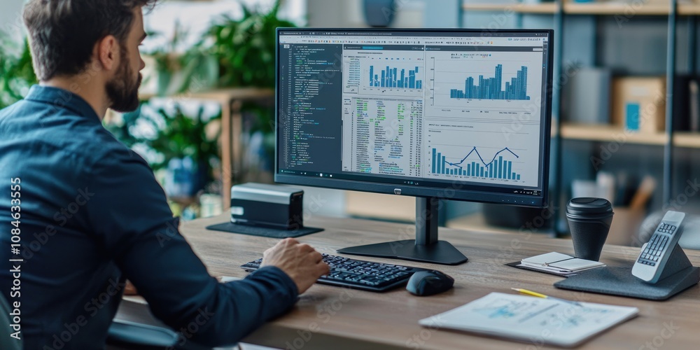 Poster Man Working on Computer with Data Analytics and Graphs