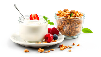 Homemade Yogurt and granola breakfast isolated with white highlights, png