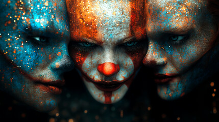 Three terrifying clowns with vibrant blue and orange face paint in dramatic lighting.