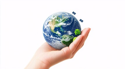 A close-up view of a hand holding a digital Earth with floating eco-friendly symbols like solar panels