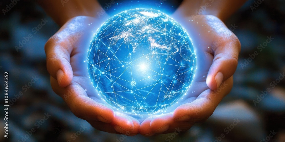 Poster a pair of hands cradling a glowing digital globe with connected lines.