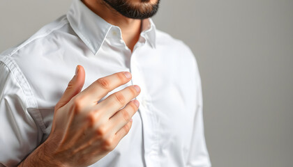 A man in a white shirt puts an anti-smoking plaster on his body. Getting rid of the bad habit of smoking. Copy space for text isolated with white highlights, png