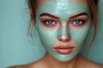 A beautiful girl applied a cream mask on her face, close-up of her face. The texture of the mask is noticeable on her smooth skin, creating a refreshing and rejuvenating effect.
