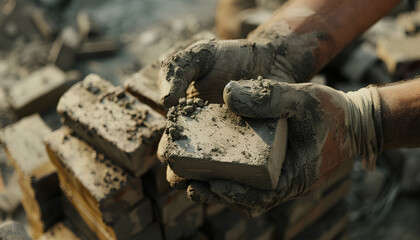 Obraz premium hand of construction worker, industrial bricklayer installing bricks on construction site