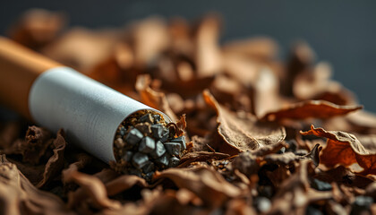 Cigarette. Cigarette and tobacco leaves close-up. Selective focus. Bad habits isolated with white highlights, png
