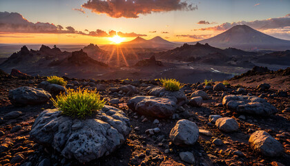 Lever de soleil sur un paysage volcanique