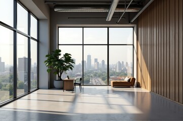 Fototapeta premium A modern room with a table of people, plants in the center, and large windows letting in light 