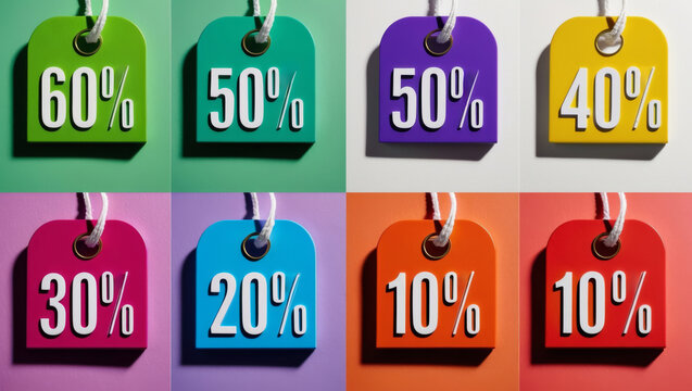 Colorful discount price tags with prominent percentage display in grid layout