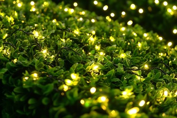 A bush adorned with numerous twinkling lights up close.