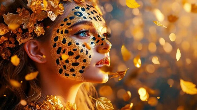 Model with leopard print face mask surrounded by golden autumn leaves, fashion and nature concept.