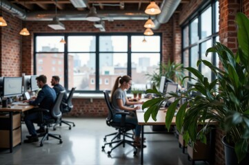 Fototapeta premium People sitting around a table in a plant-filled room with wide windows and a blurred background 
