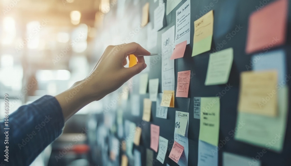 Poster hand placing post-it note on a wall covered in notes