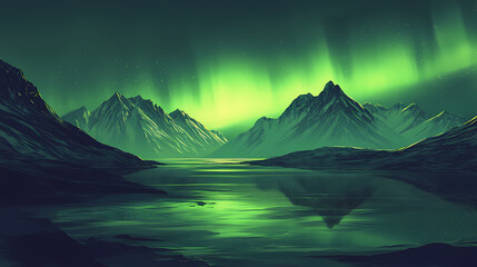 Amazing view of green aurora borealis also known as northern lights over the mountains and water. Aurora. Illustration