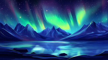 Amazing view of green aurora borealis also known as northern lights over the mountains and water. Aurora. Illustration