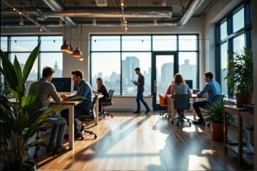 People sitting around a table in a plant-filled room with wide windows and a blurred background
