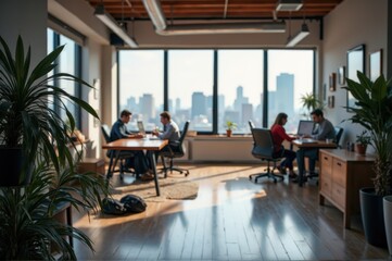 Fototapeta premium A group of individuals sitting together at a table in a bright room filled with greenery