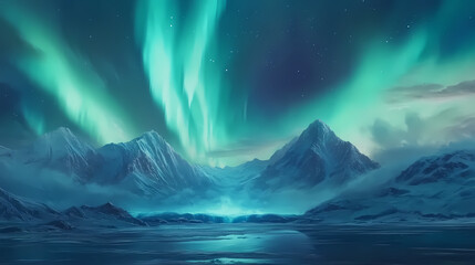 Fototapeta premium Aurora borealis over the mountains. Aurora. Illustration