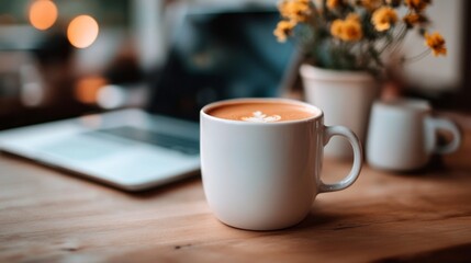 A white mug of coffee with latte art on a wooden table with a laptop, flowers, and a creamer in the background.