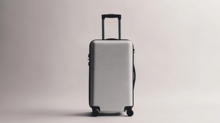 A white suitcase with black wheels and a handle on a white background.