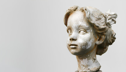 plaster head of an antique girl stands on a pedestal on a white background