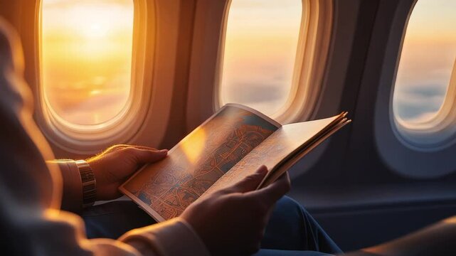 A passenger on an airplane reads a map book as the sun sets in the distance