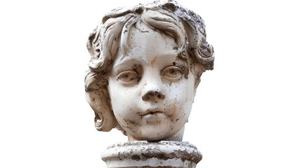 plaster head of an antique girl stands on a pedestal on a white background