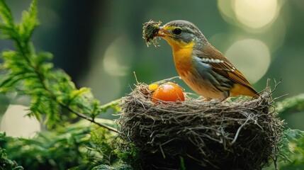A small bird with yellow and orange feathers sits on a nest with an orange egg, holding a worm in its beak.