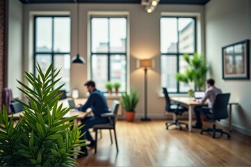 Fototapeta premium A gathering at a table in a room with plants in the center and wide open windows 