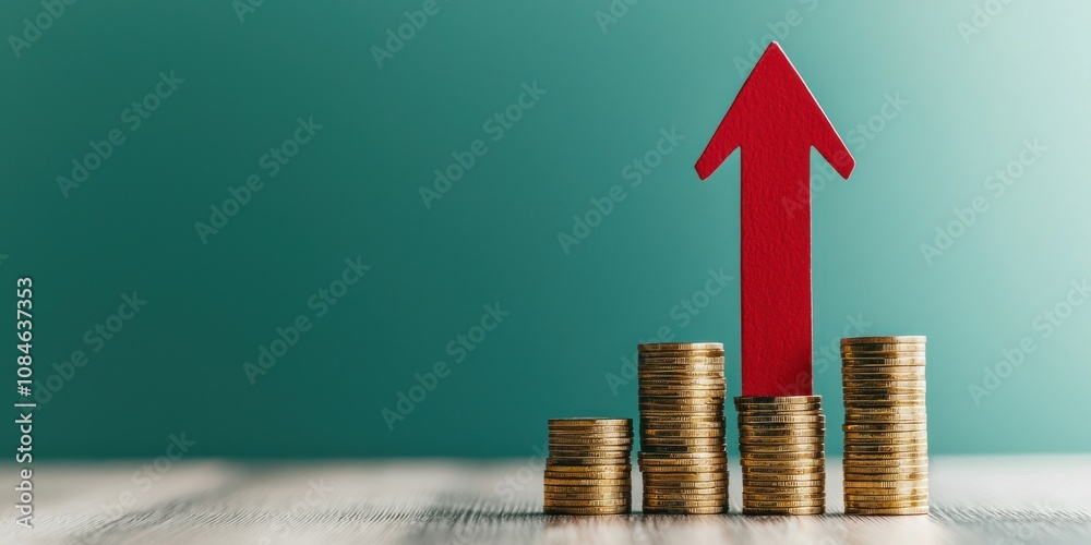 Poster red arrow pointing upward over stacked gold coins