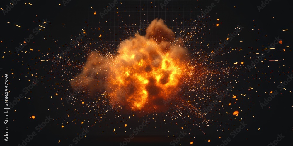 Poster fiery explosion with sparks and smoke against a dark background
