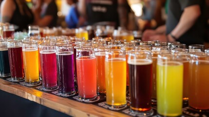 A fun shot of a beer tasting event, with an array of colorful craft beers displayed on a table, inviting enthusiasts to explore different flavors and styles.