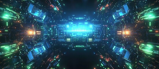 Fototapeta premium A vibrant digital tunnel with glowing circuits and lights, evoking a futuristic atmosphere.