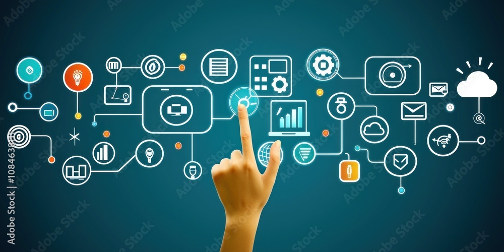 Poster Hand Interacting with Digital Network of Icons on Blue Background