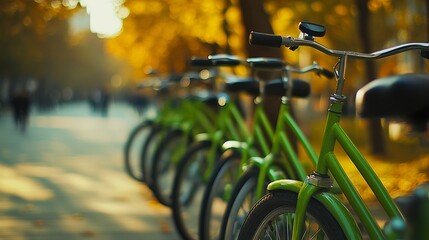 Naklejka premium Green bicycles lined up along a sunlit park pathway during autumn, showcasing vibrant fall foliage in the background