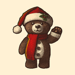 teddy bear wearing a Santa hat and a red scarf, vintage photocopy stipple effect style, halftone design, Christmas illustration