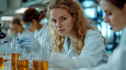 A dedicated scientist in a white lab coat is carefully analyzing samples alongside her fellow researchers in a modern lab setting