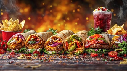 Naklejka premium Delicious Burritos and a refreshing drink, perfect for a satisfying meal!