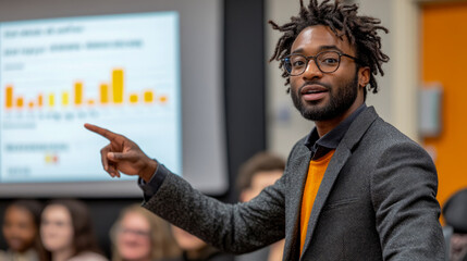 A confident speaker is pointing while presenting data analysis in a contemporary classroom, engaging the audience during a conference